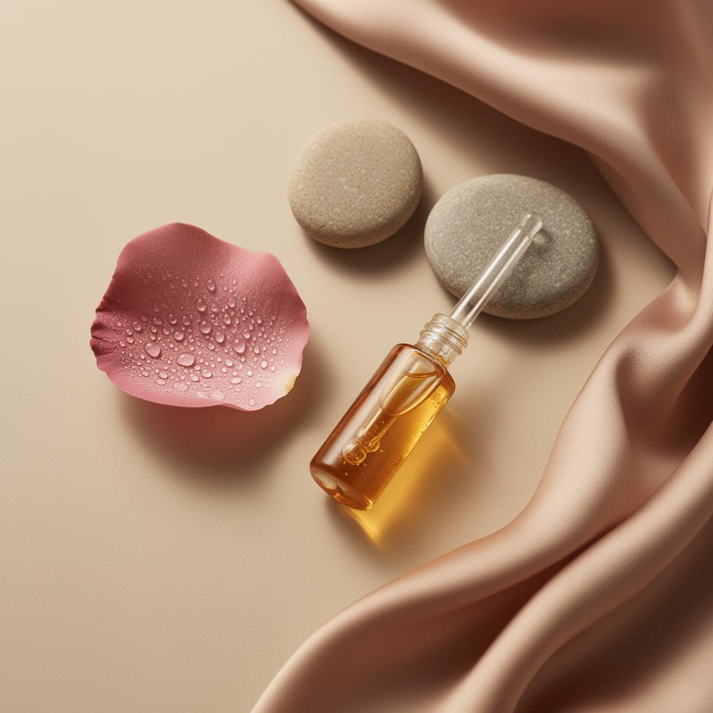 Phiderma — composición de marca: pétalo, sérum y piedras sobre seda nude